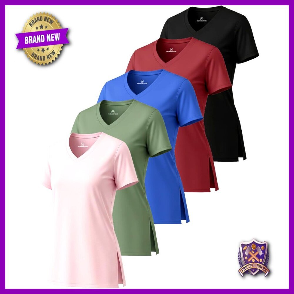 5 Pack Women's Split Hem V-Neck Active T-Shirts, Moisture-Wicking Polyester
